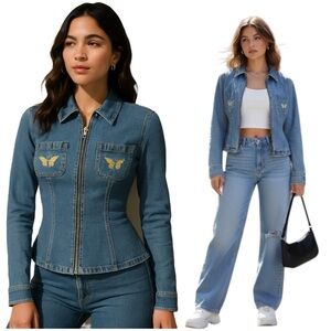 VTG Y2K Guess Collection‎ Denim Zip Up Jacket Coquette 90s Butterfly Patch Sz XS